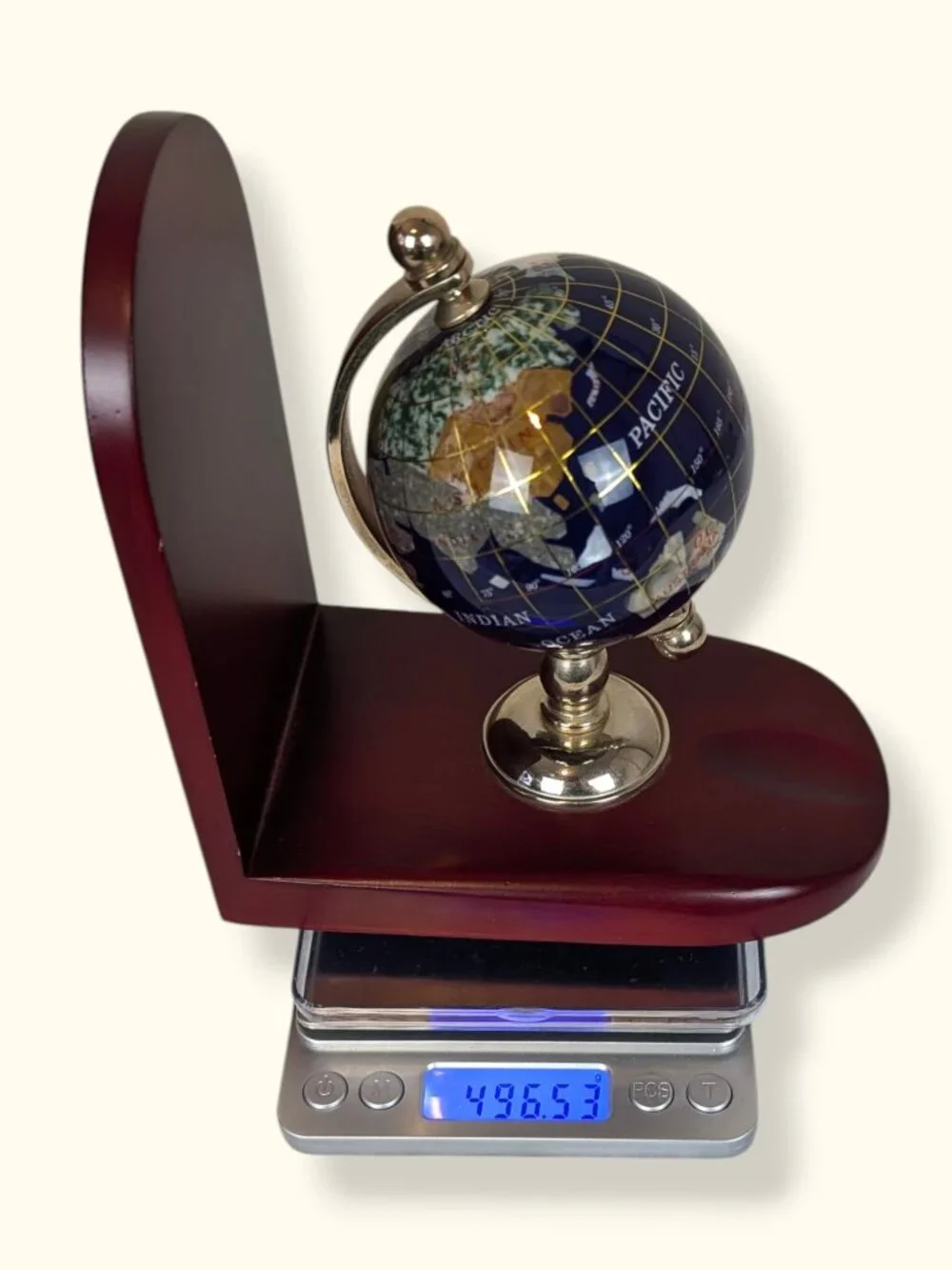 Large Lapis Lazuli Semi-Precious Stone Globe on Wood Base - Picture 9 of 9